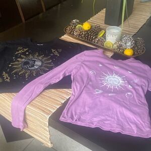 EUC 2 cotton tees one cropped black SS with metallic detail and the LS mauve